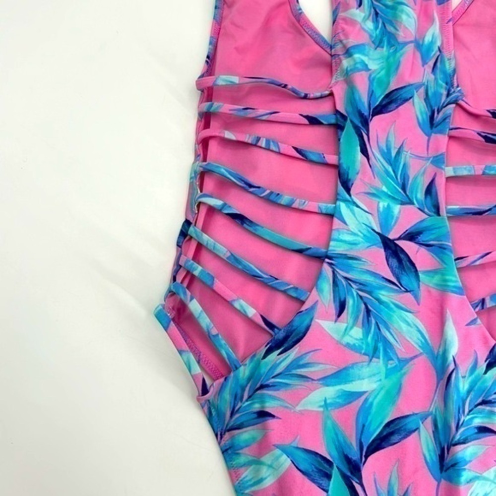 UEC Xhileration pink & blue palm leaf bathing suit high cut medium no tag - Picture 4 of 4